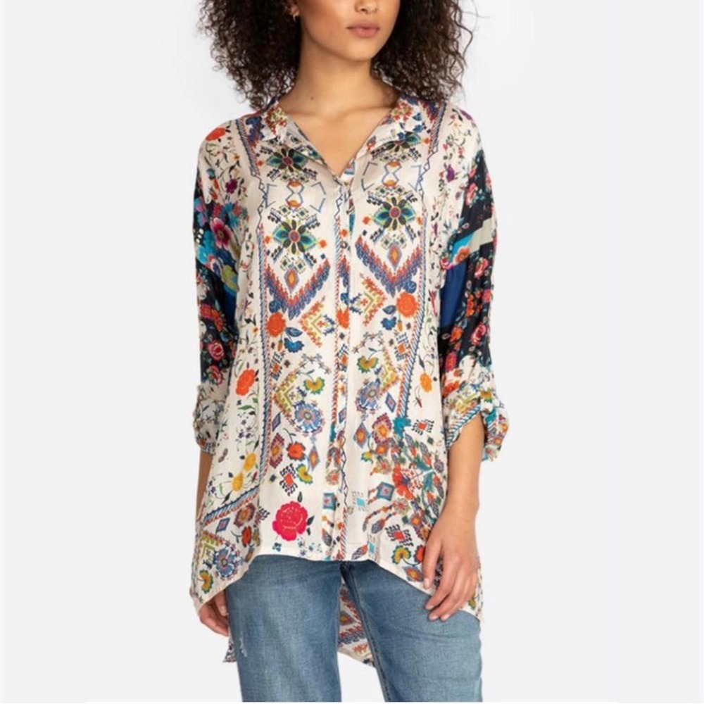 Johnny Was Miya Shirt Blouse Tunic Top Button Front Floral Mixed Print Georgette